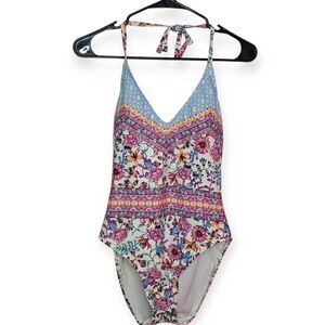 Reaction Kenneth Cole Women Multi-color Floral Halter One Piece Swimsuit Size M